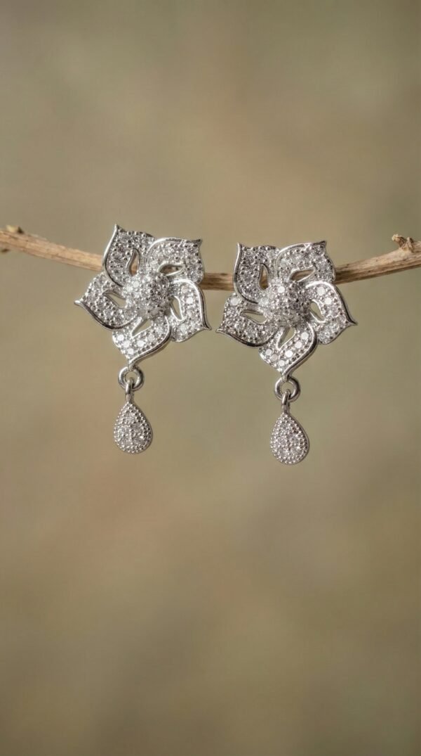 Silver Diamond Flower Earrings